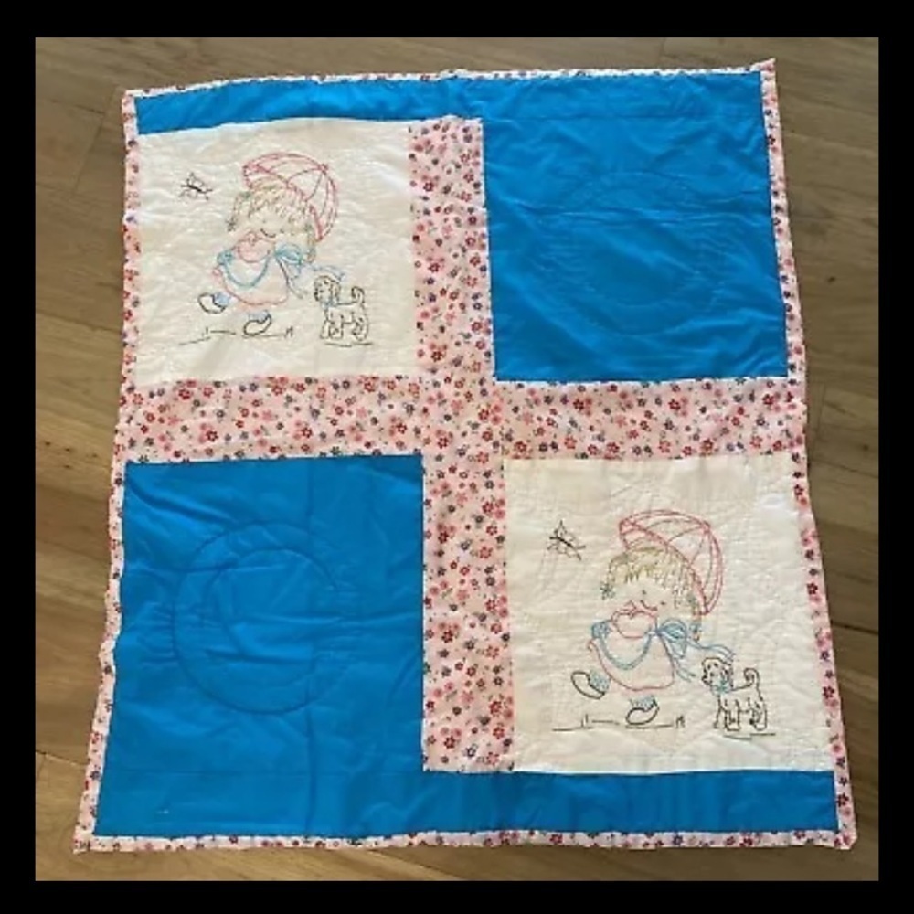 Vintage Handmade Embroidered Baby Crib Blanket Quilt Pink Floral Girls 39x43
